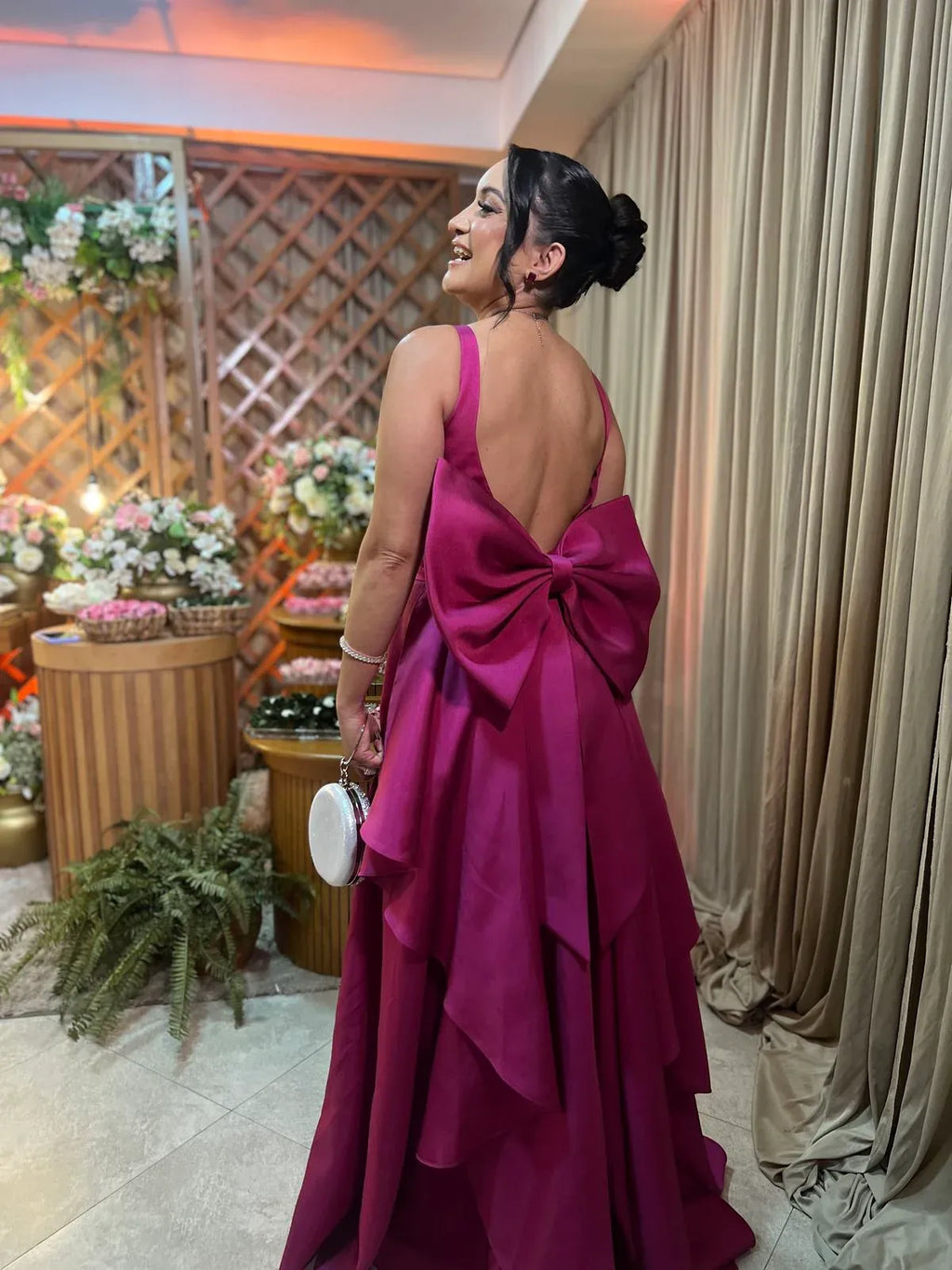 Vibrant A-Line Square Neck Floor-Length Evening Gown with Oversized Bow
