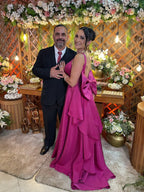 Vibrant A-Line Square Neck Floor-Length Evening Gown with Oversized Bow