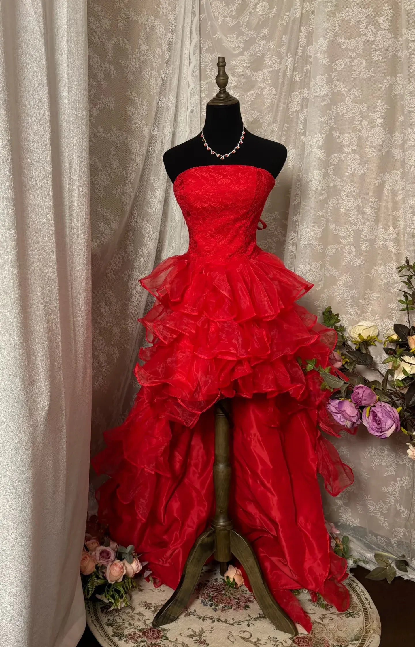 Vibrant A-Line Strapless Lace-Up Corset Tiered Ruffle Floor-Length Evening Ball Gown