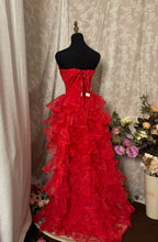 Vibrant A-Line Strapless Lace-Up Corset Tiered Ruffle Floor-Length Evening Ball Gown