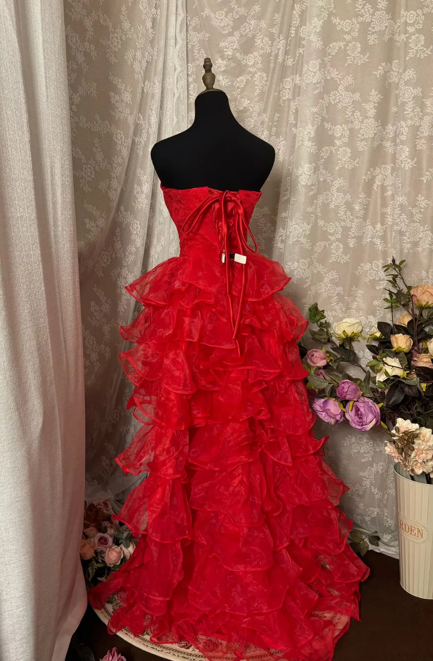 Vibrant A-Line Strapless Lace-Up Corset Tiered Ruffle Floor-Length Evening Ball Gown