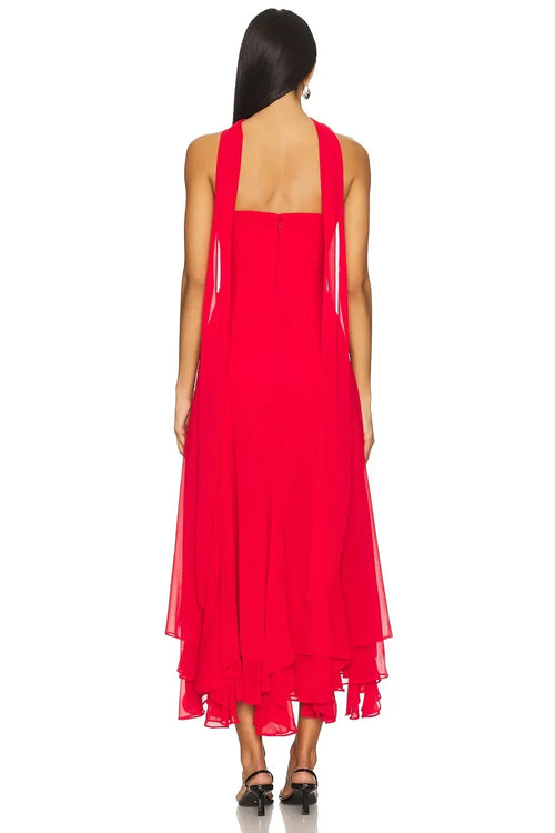Robe de soirée midi vibrante coupe trapèze sans manches bustier à volants dos ouvert