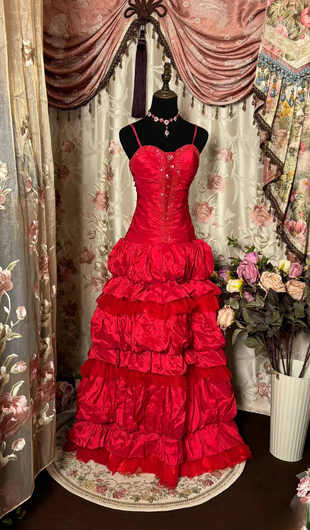 Vibrant A-Line Sweetheart Spaghetti Strap Tiered Ruffle Rhinestone-Embellished Floor-Length Evening Ball Gown