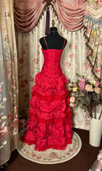Vibrant A-Line Sweetheart Spaghetti Strap Tiered Ruffle Rhinestone-Embellished Floor-Length Evening Ball Gown