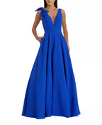 Vibrant Ballgown Deep V Sleeveless Bow Accent Open Back Floor Length For Ladies Prom Dress
