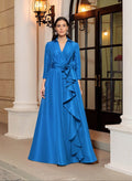 Cobalt Vibrant Cobalt Shirt-Style Evening Gown with Waist Bow and Ruffle Detail
