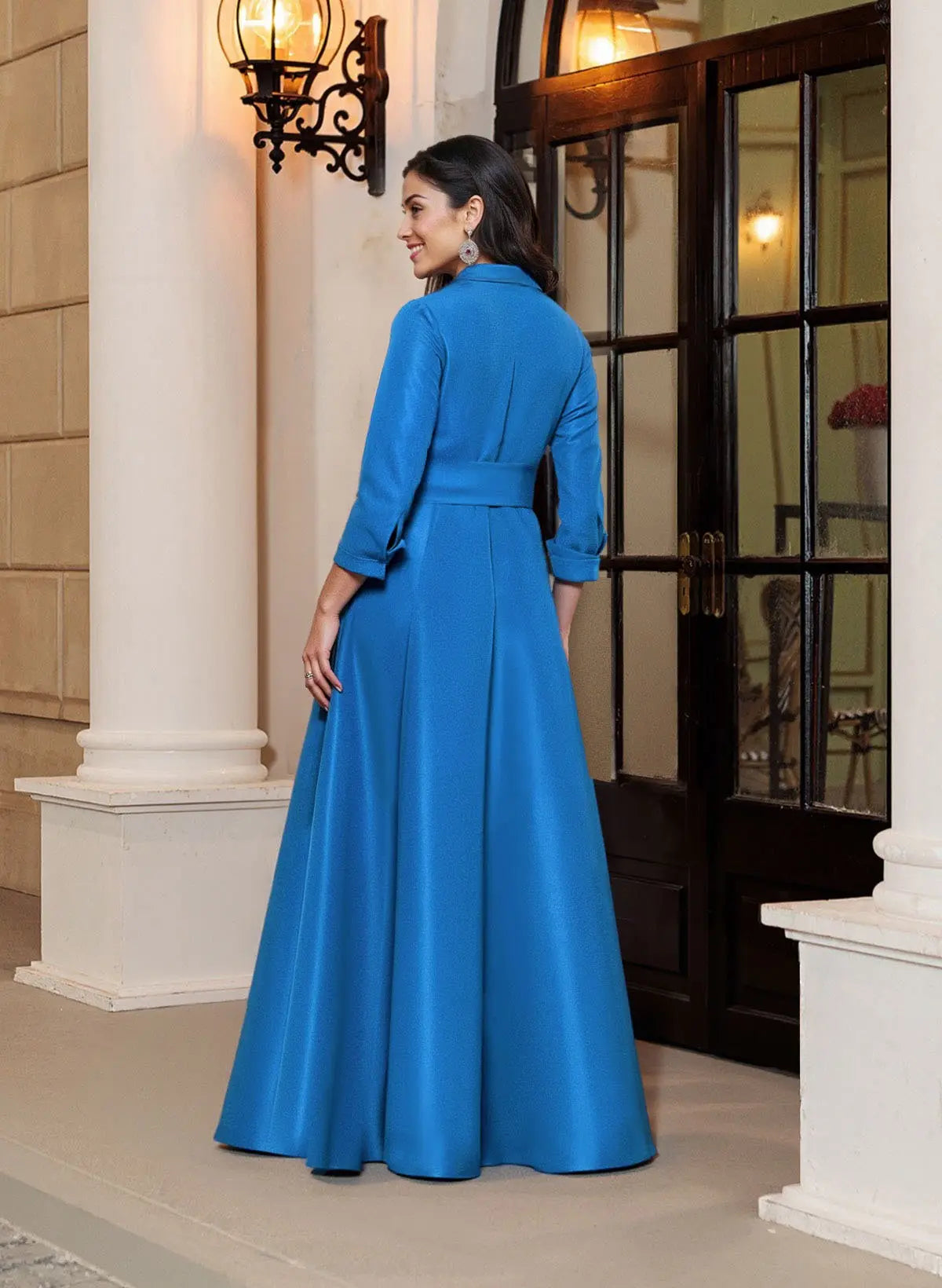Cobalt Vibrant Cobalt Shirt-Style Evening Gown with Waist Bow and Ruffle Detail