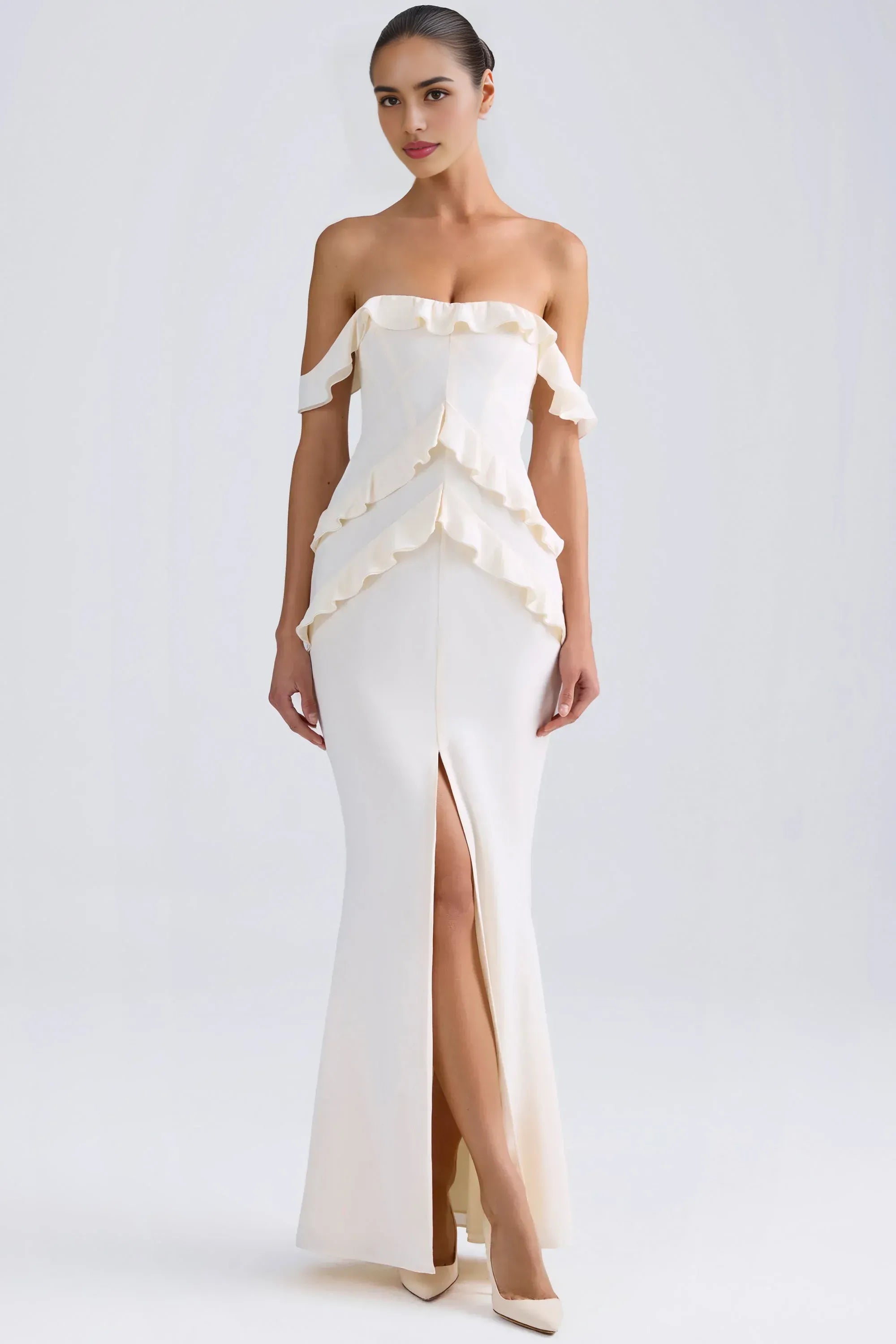 Vibrant Mermaid Off Shoulder Ruffled Sleeve Open Back Side Slit Floor Length For Sale Prom Dress