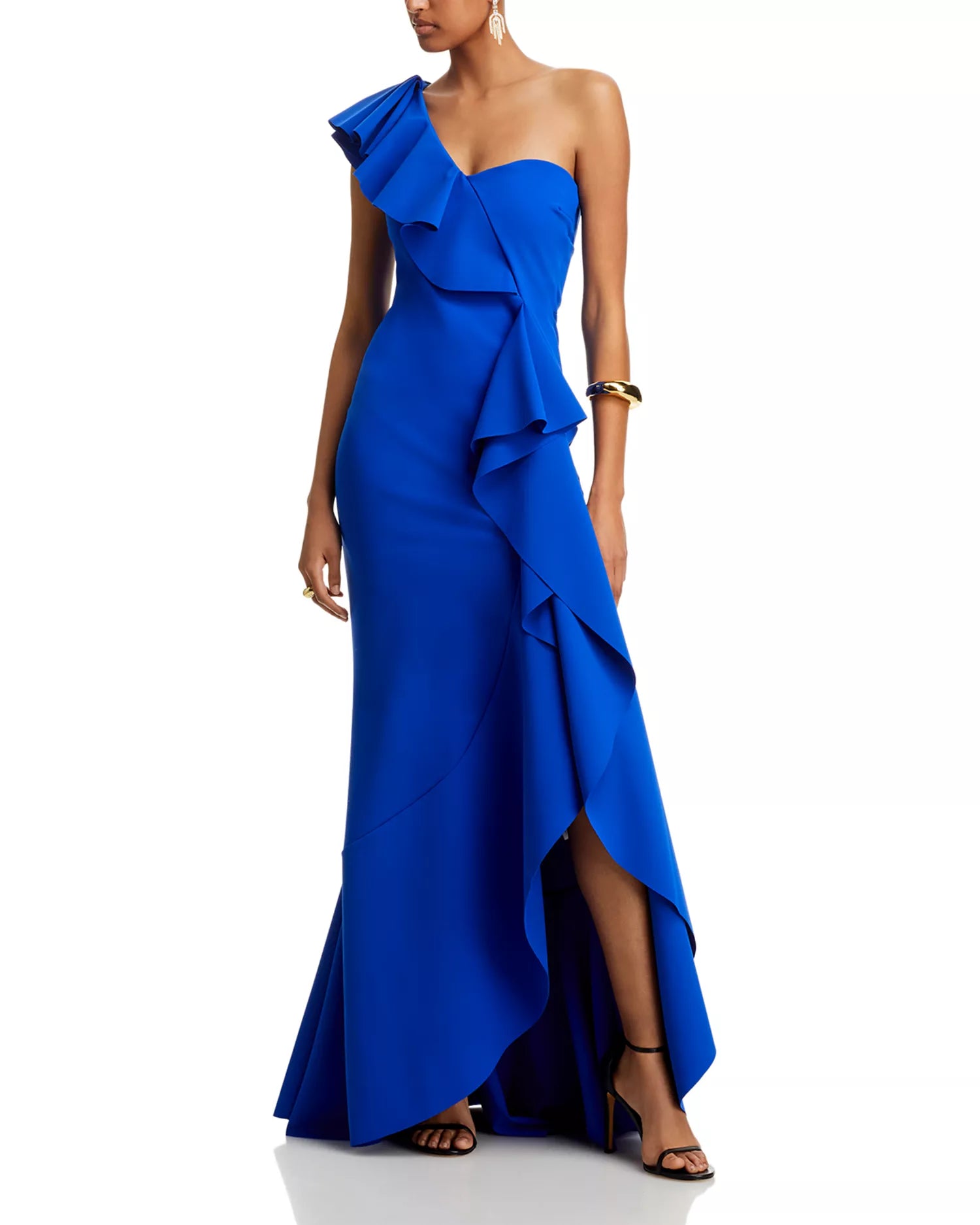 Vibrant Mermaid One Shoulder Ruffled Sleeve Solid Back High Low For Ladies Prom Dress