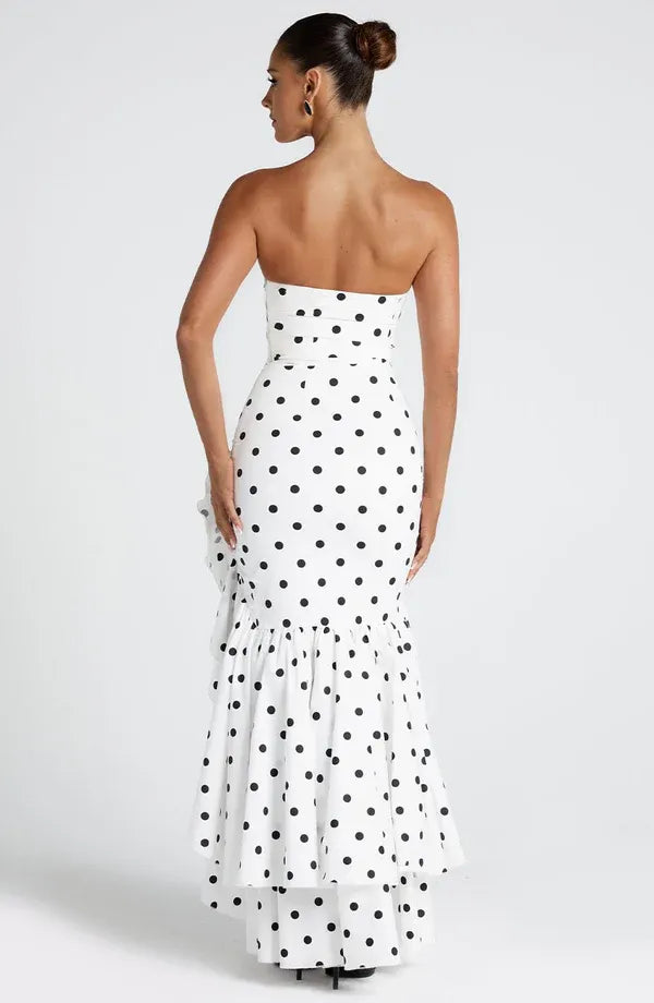 Vibrant Mermaid Strapless Polka Dot Ruffle Accent Floor Length For Sale Evening Dress