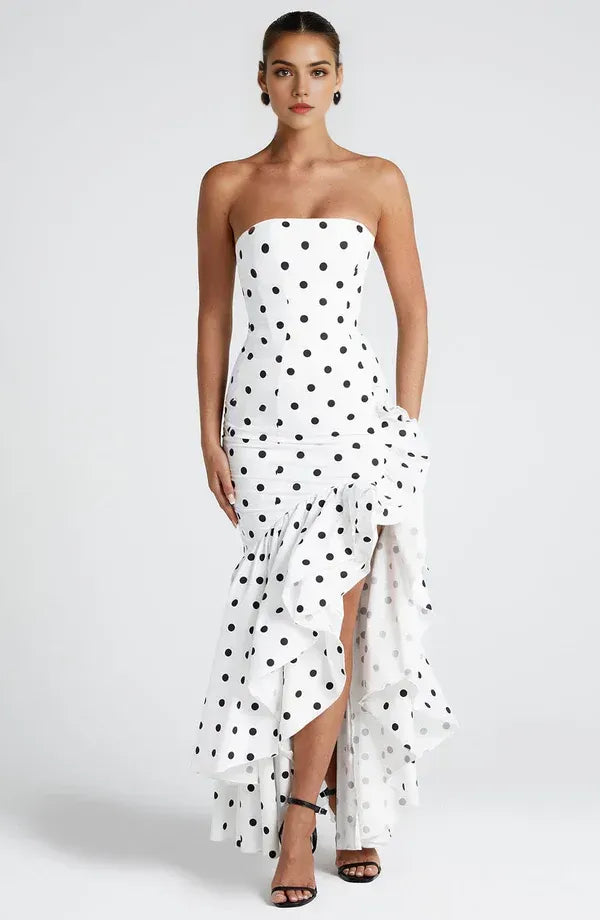 Vibrant Mermaid Strapless Polka Dot Ruffle Accent Floor Length For Sale Evening Dress