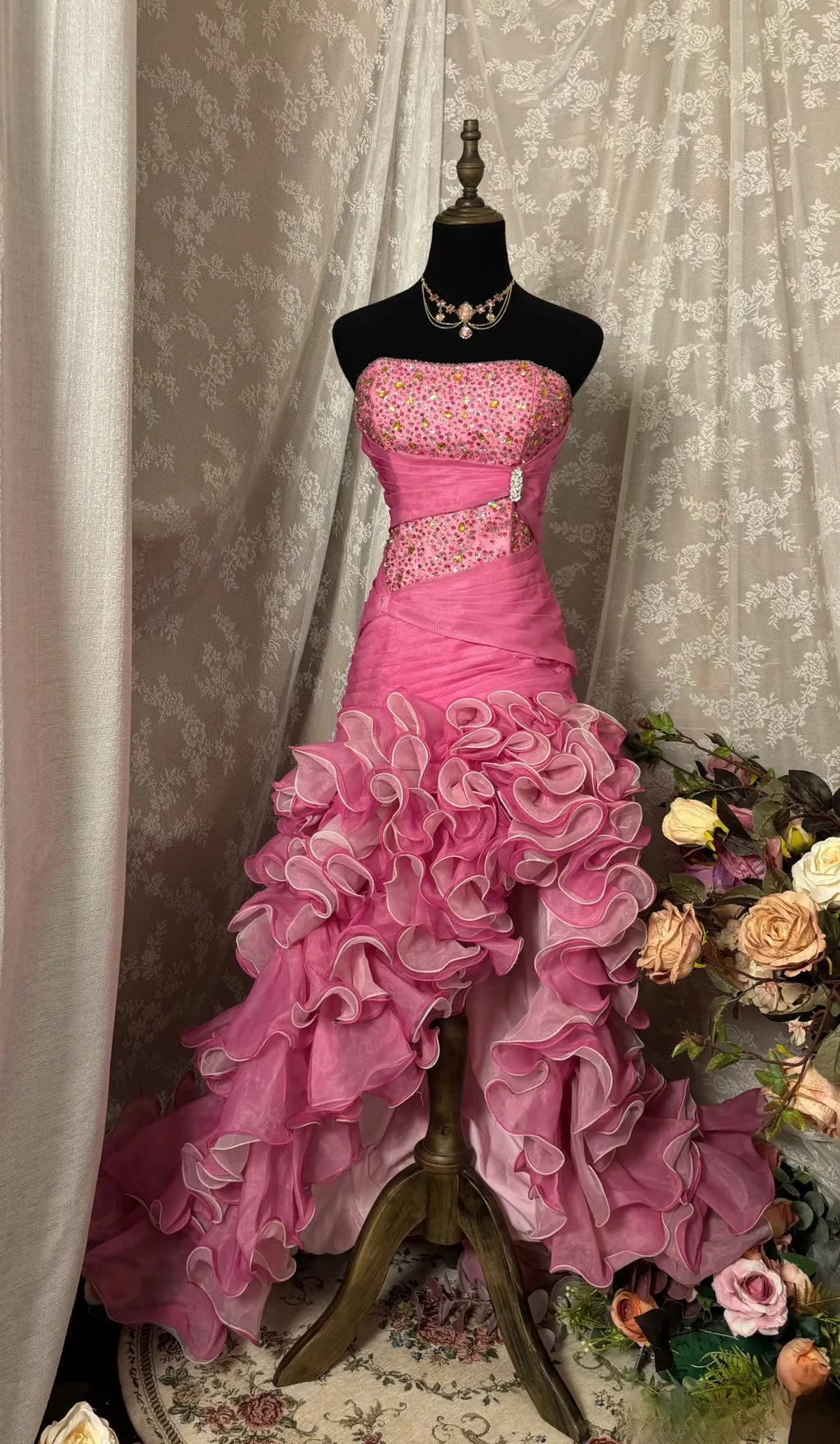 Vibrant Mermaid Strapless Rhinestone-Embellished Tiered Ruffle Floor-Length Evening Gown