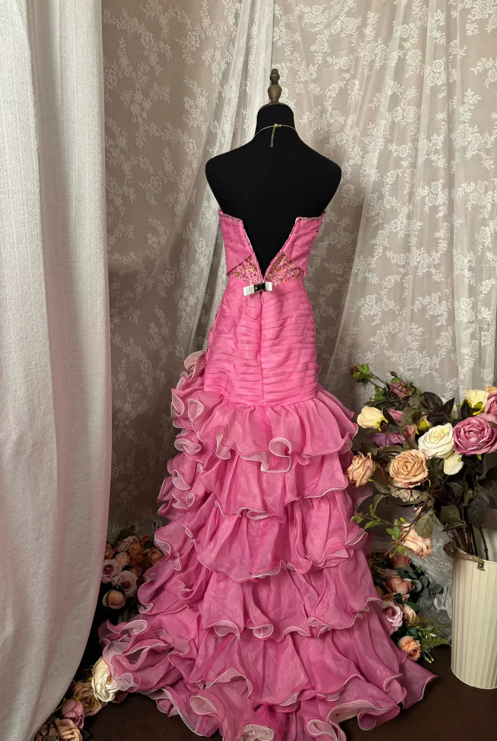 Vibrant Mermaid Strapless Rhinestone-Embellished Tiered Ruffle Floor-Length Evening Gown