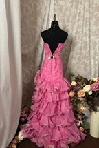 Vibrant Mermaid Strapless Rhinestone-Embellished Tiered Ruffle Floor-Length Evening Gown