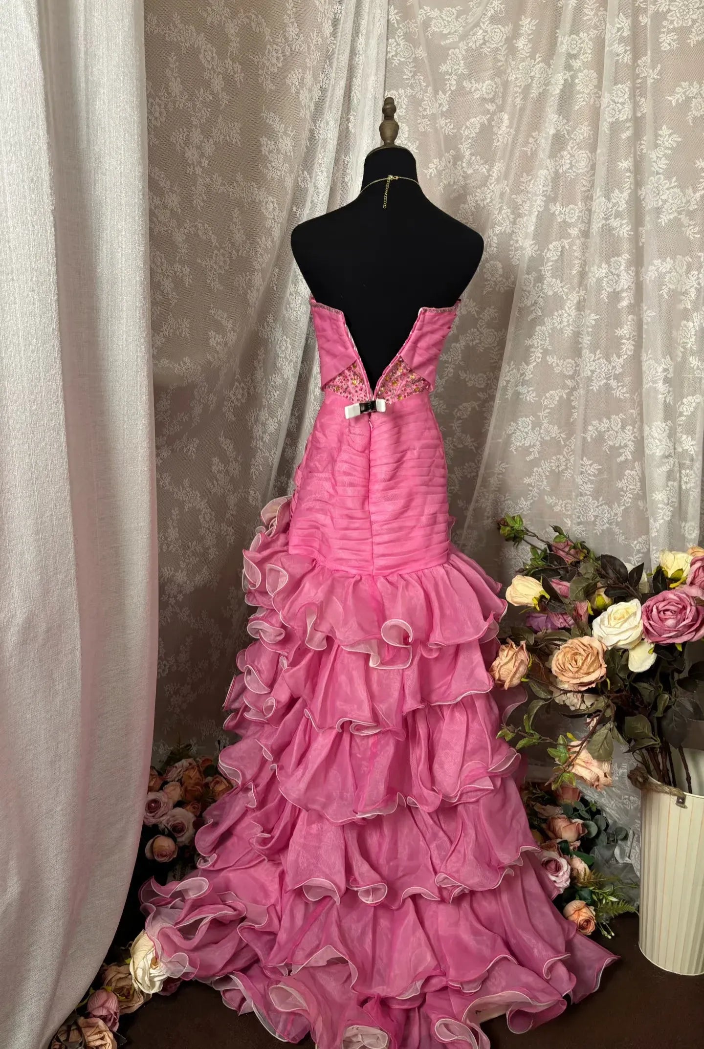 Vibrant Mermaid Strapless Rhinestone-Embellished Tiered Ruffle Floor-Length Evening Gown