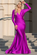 Vibrant Mermaid V Neck Long Sleeve Closed Back Floor Length Prom Dress