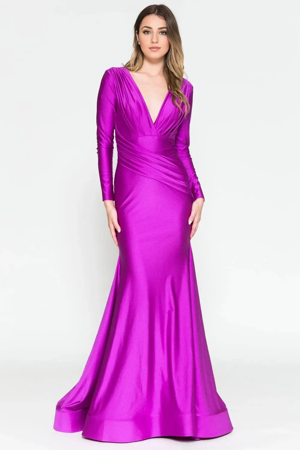 Vibrant Mermaid V Neck Long Sleeve Closed Back Floor Length Prom Dress