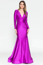 Vibrant Mermaid V Neck Long Sleeve Closed Back Floor Length Prom Dress