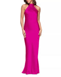 Vibrant Sheath Halter Neck Bow Back Ruched Detail Floor Length Prom Dress