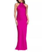 Vibrant Sheath Halter Neck Bow Back Ruched Detail Floor Length Prom Dress