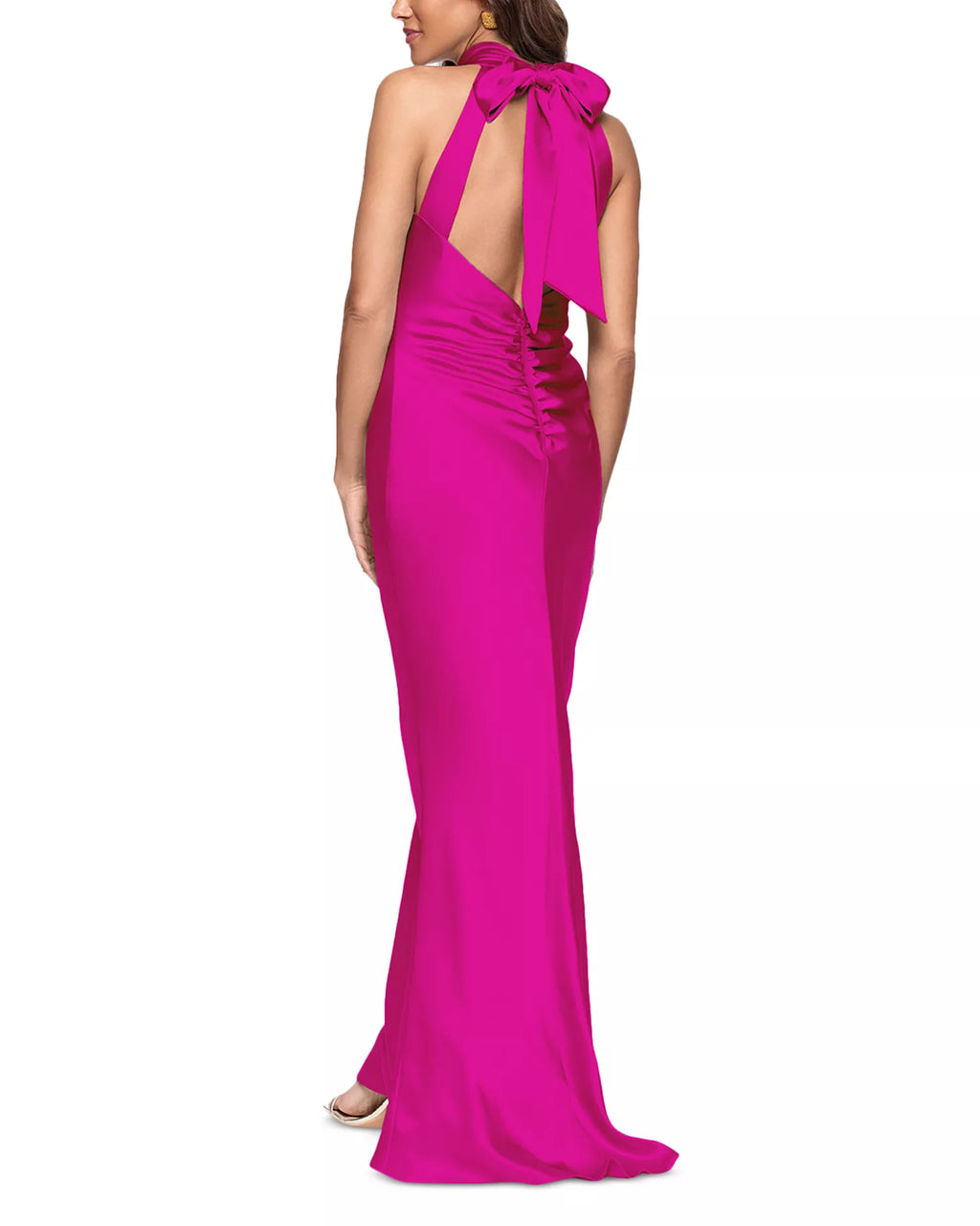 Vibrant Sheath Halter Neck Bow Back Ruched Detail Floor Length Prom Dress