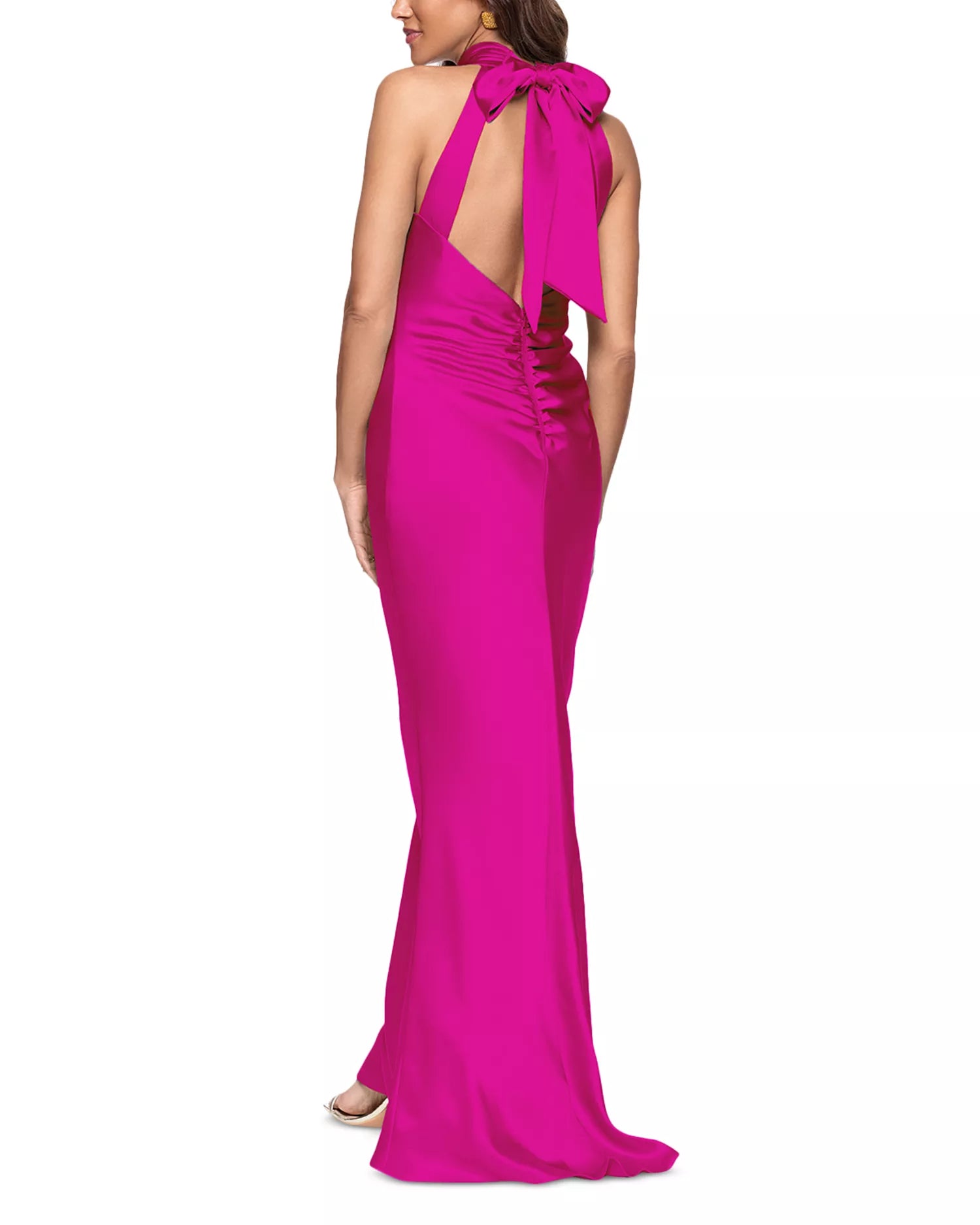 Vibrant Sheath Halter Neck Bow Back Ruched Detail Floor Length Prom Dress