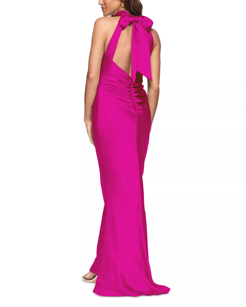 Vibrant Sheath Halter Neck Bow Back Ruched Detail Floor Length Prom Dress