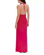 Vibrant Sheath Halter Neck Sleeveless Cutout Back Embellished Belt Floor Length For Sale Prom Dress