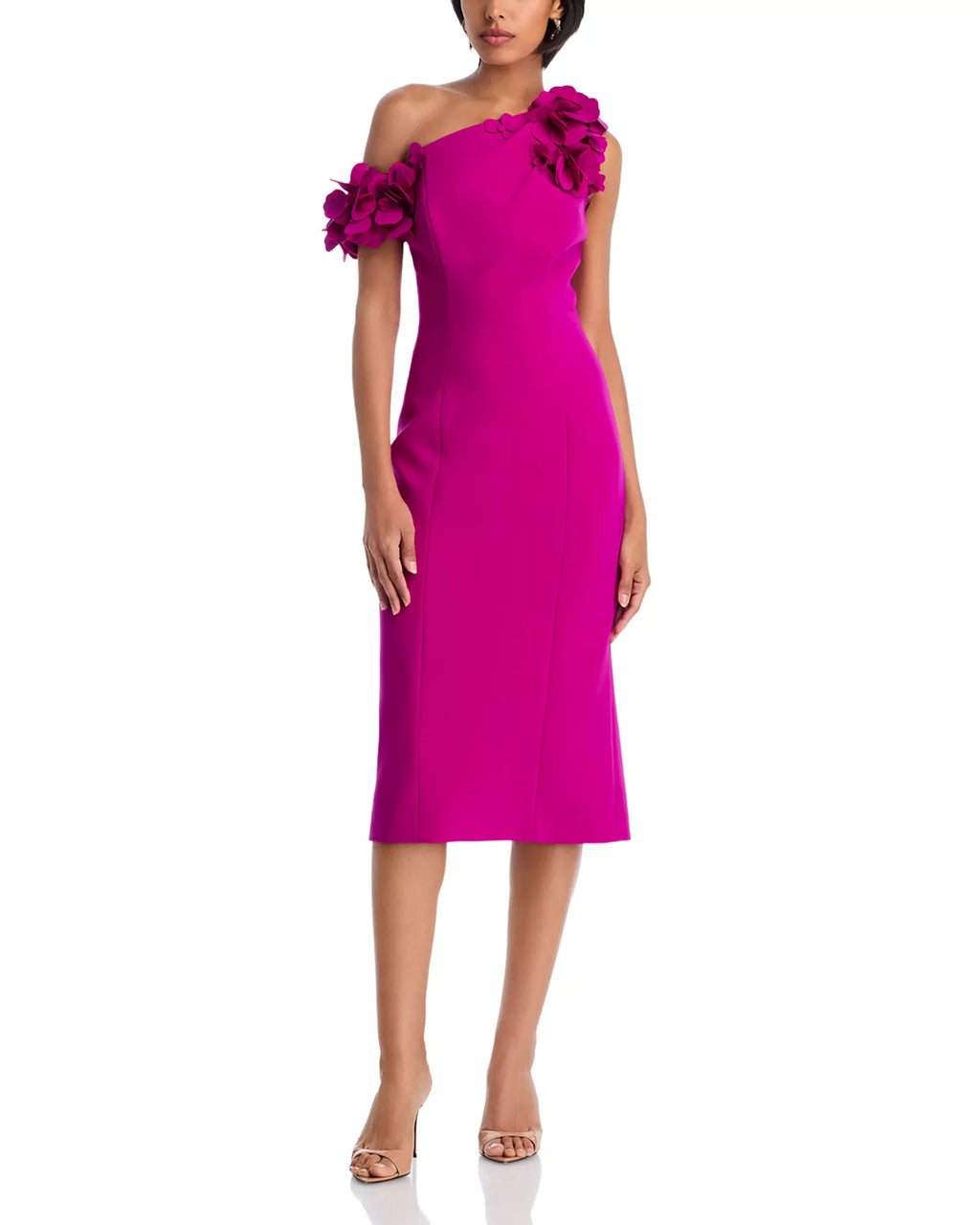 Vibrant Sheath One Shoulder Floral Trim Sleeveless Zipper Back Midi Length For Adults Prom Dress