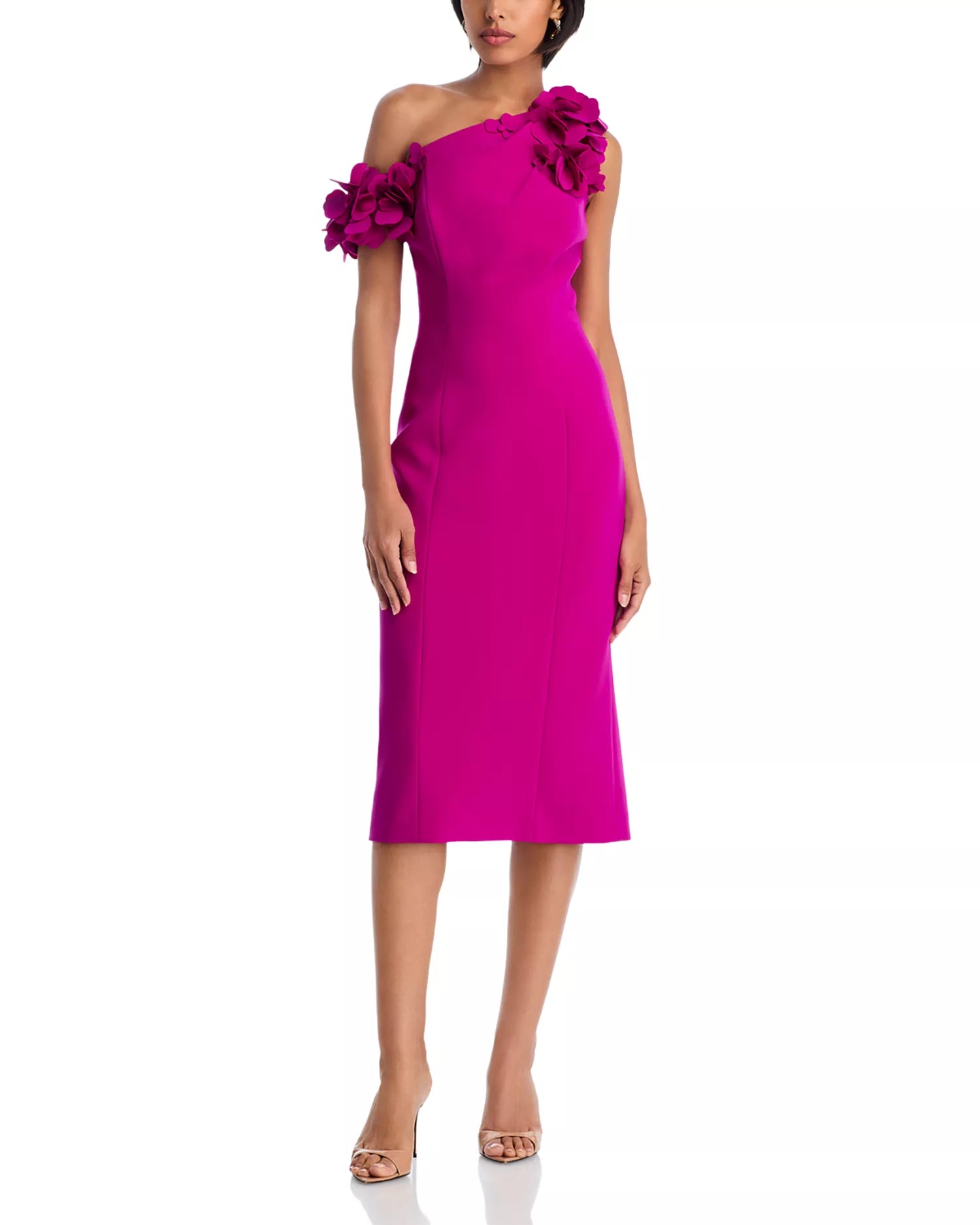 Vibrant Sheath One Shoulder Floral Trim Sleeveless Zipper Back Midi Length For Adults Prom Dress