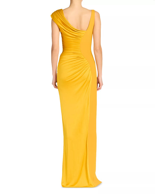 Vibrant Sheath One Shoulder Ruched Accent High Slit Floor Length For Ladies Prom Dress
