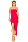 Vibrant Sheath Strapless Sleeveless Asymmetric High Slit Midi Evening Dress