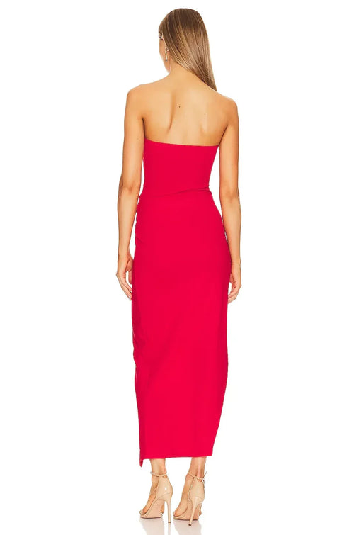 Robe de soirée midi asymétrique moulante, bustier, sans manches, fendue