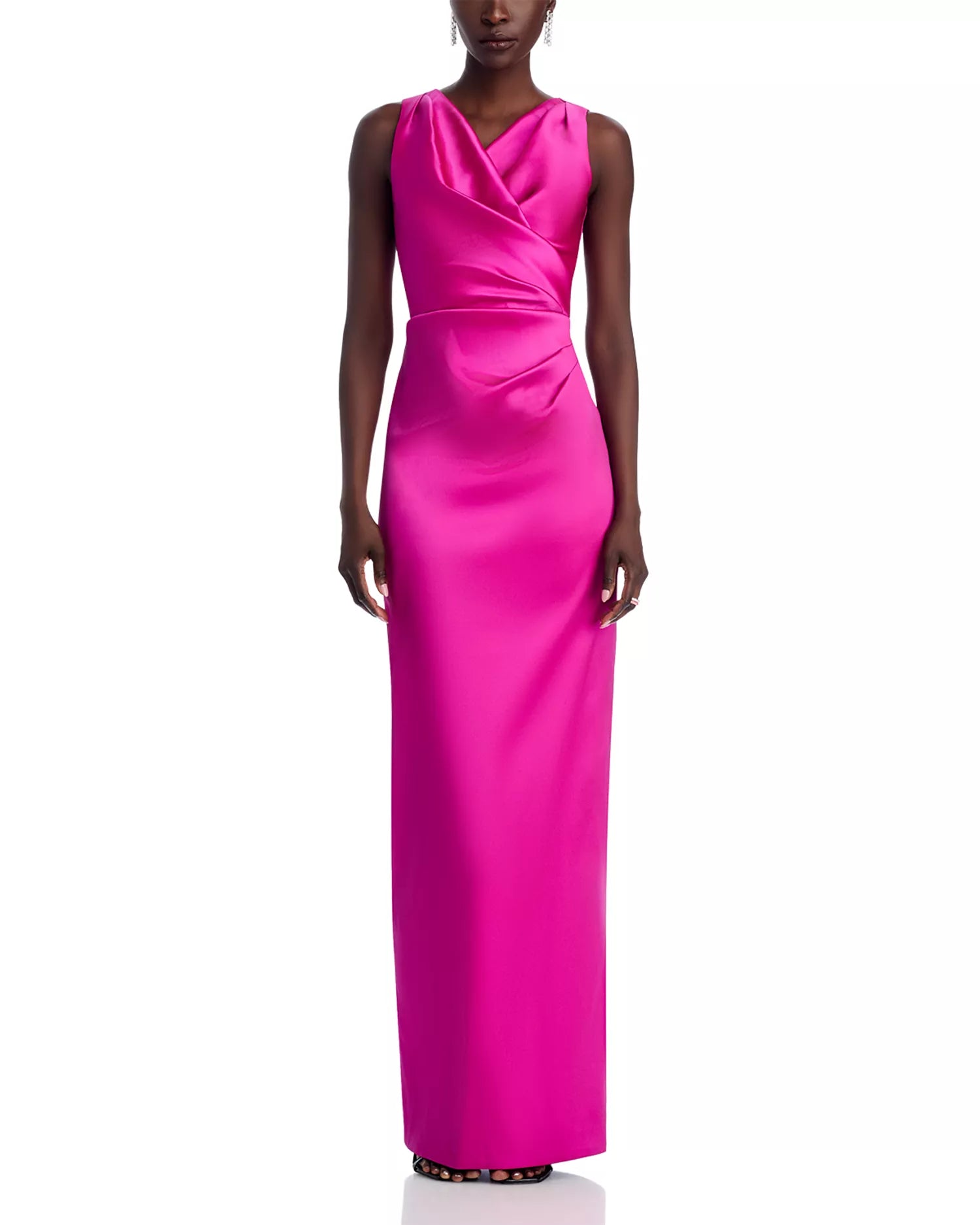 Vibrant Sheath Wrap Neck Sleeveless Ruched Back Floor Length For Adults Prom Dress
