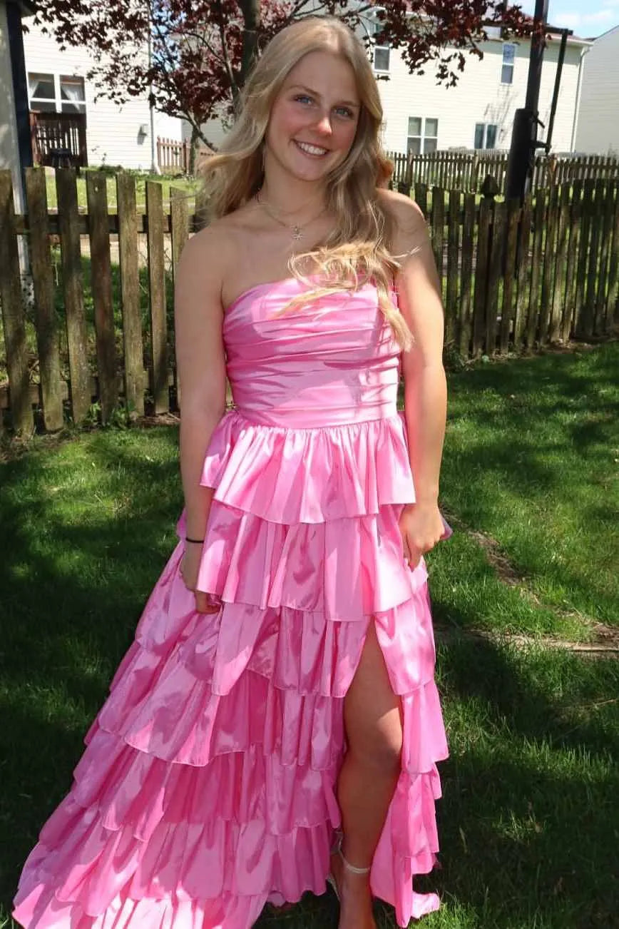 Vibrant Strapless Ruched Tiered Ruffle Ball Gown With Slit