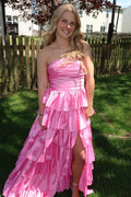 Vibrant Strapless Ruched Tiered Ruffle Ball Gown With Slit