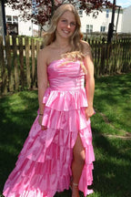 Vibrant Strapless Ruched Tiered Ruffle Ball Gown With Slit