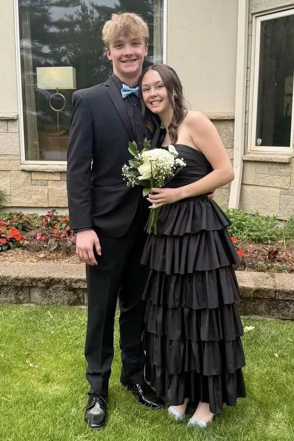 Vibrant Strapless Ruched Tiered Ruffle Ball Gown With Slit