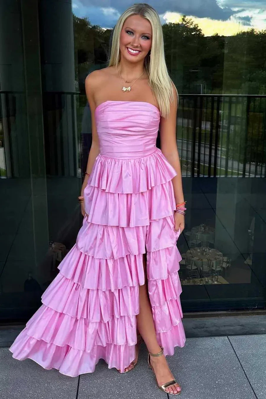 Vibrant Strapless Ruched Tiered Ruffle Ball Gown With Slit