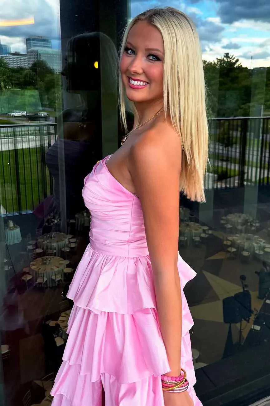 Vibrant Strapless Ruched Tiered Ruffle Ball Gown With Slit