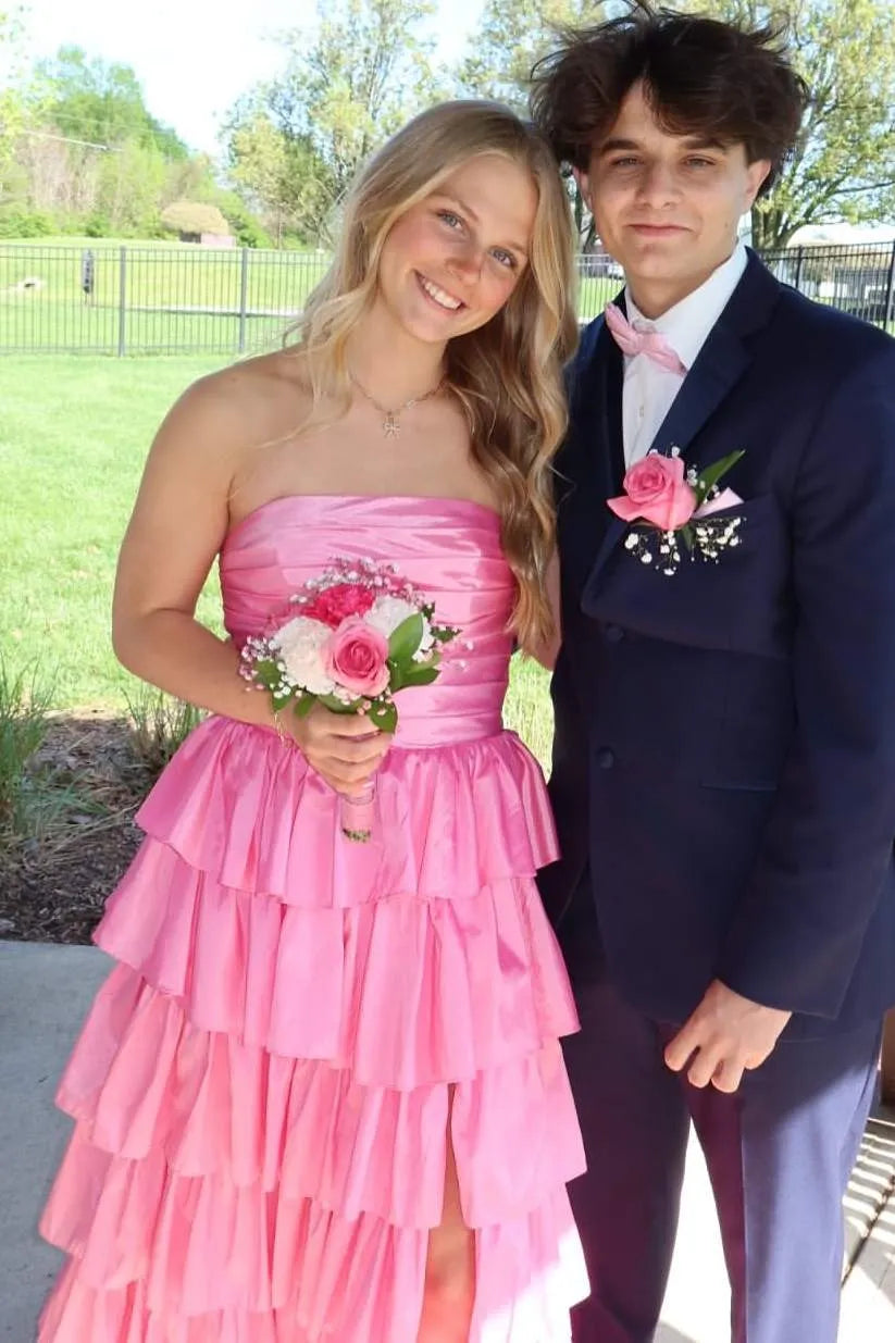 Vibrant Strapless Ruched Tiered Ruffle Ball Gown With Slit