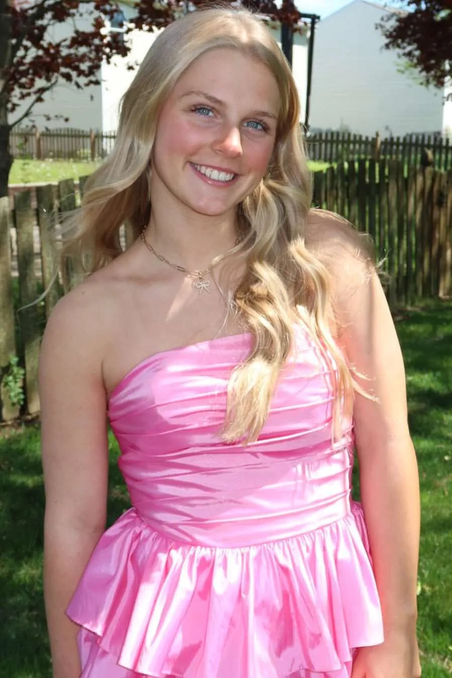 Vibrant Strapless Ruched Tiered Ruffle Ball Gown With Slit