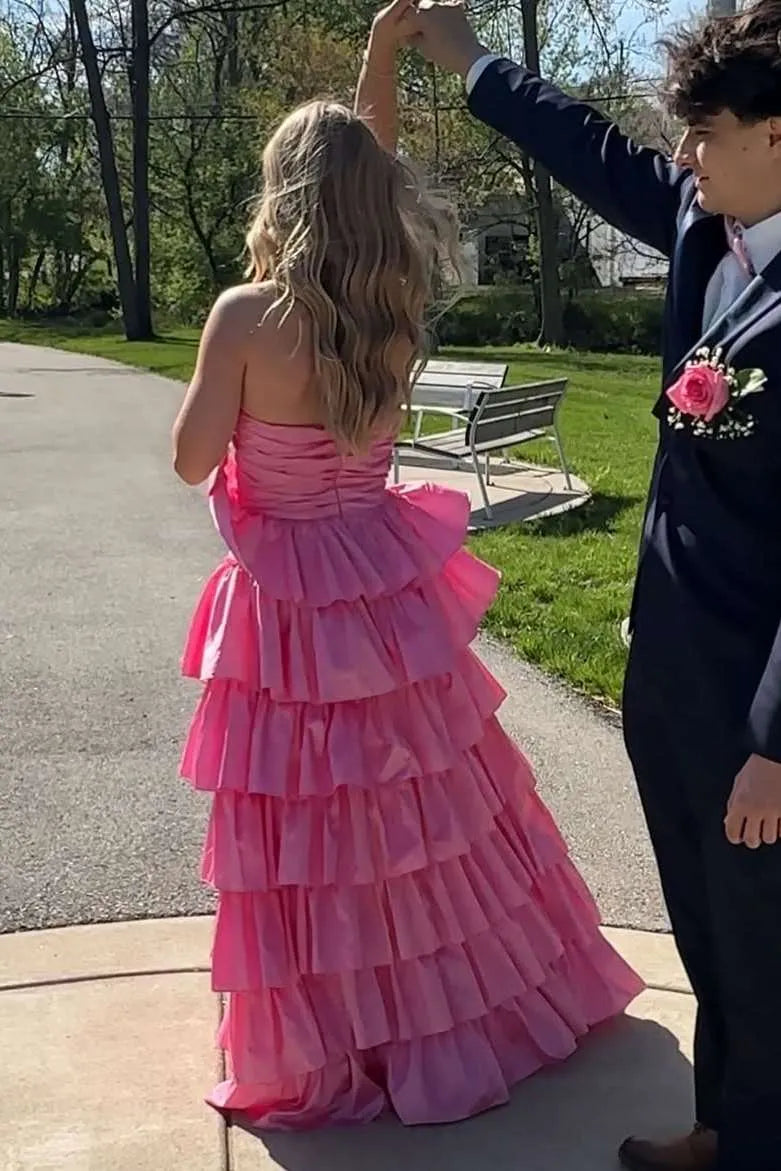 Vibrant Strapless Ruched Tiered Ruffle Ball Gown With Slit