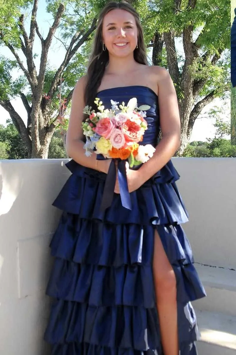 Vibrant Strapless Ruched Tiered Ruffle Ball Gown With Slit