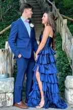 Vibrant Strapless Ruched Tiered Ruffle Ball Gown With Slit