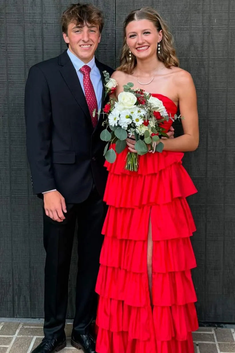Vibrant Strapless Ruched Tiered Ruffle Ball Gown With Slit