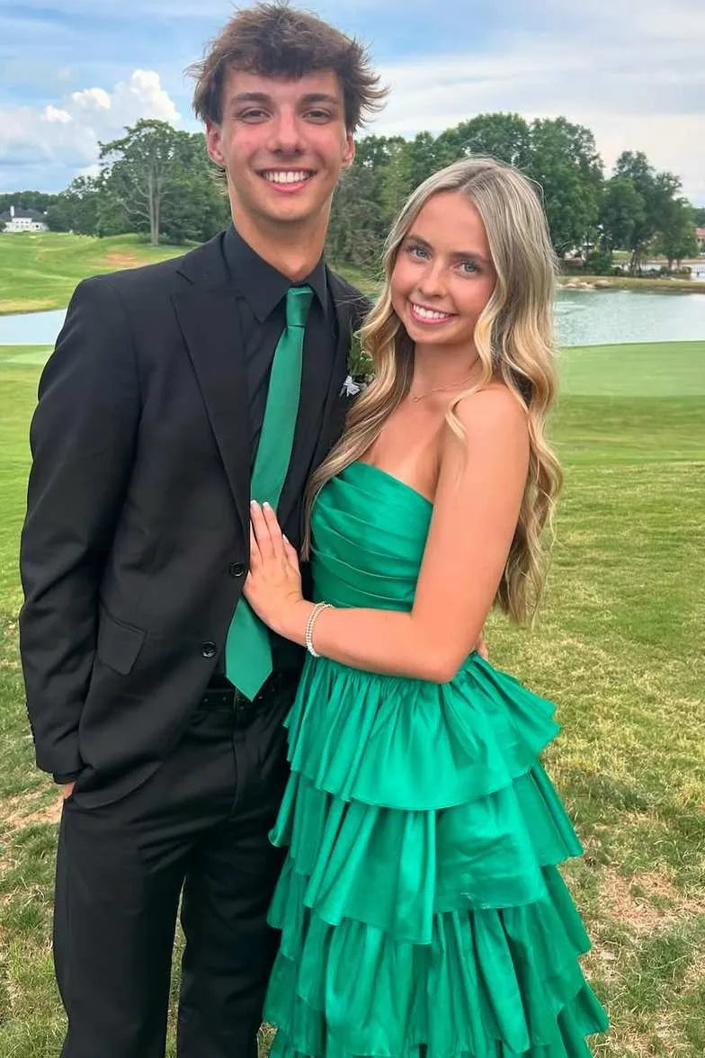 Vibrant Strapless Ruched Tiered Ruffle Ball Gown With Slit