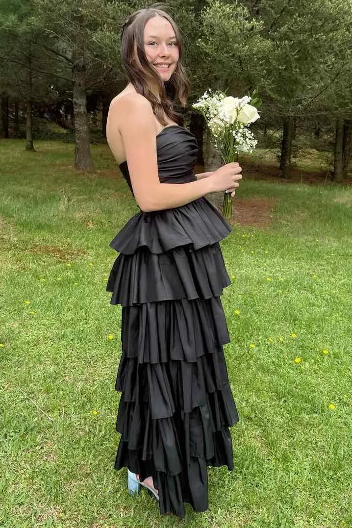 Vibrant Strapless Ruched Tiered Ruffle Ball Gown With Slit