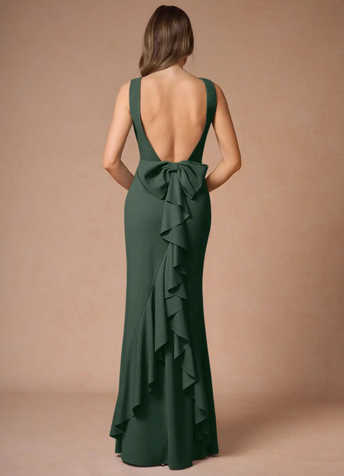 Robe de bal longue pour femme, coupe trompette vibrante, encolure bateau, sans manches, avec nœud décoratif au dos
