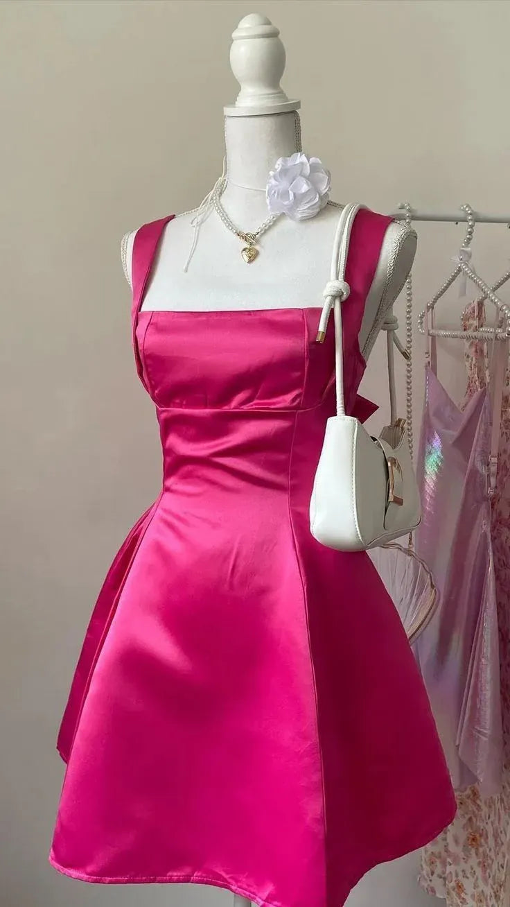 Pink Vibrant A-Line Square Neck Bow Back Hot Short Homecoming Dress